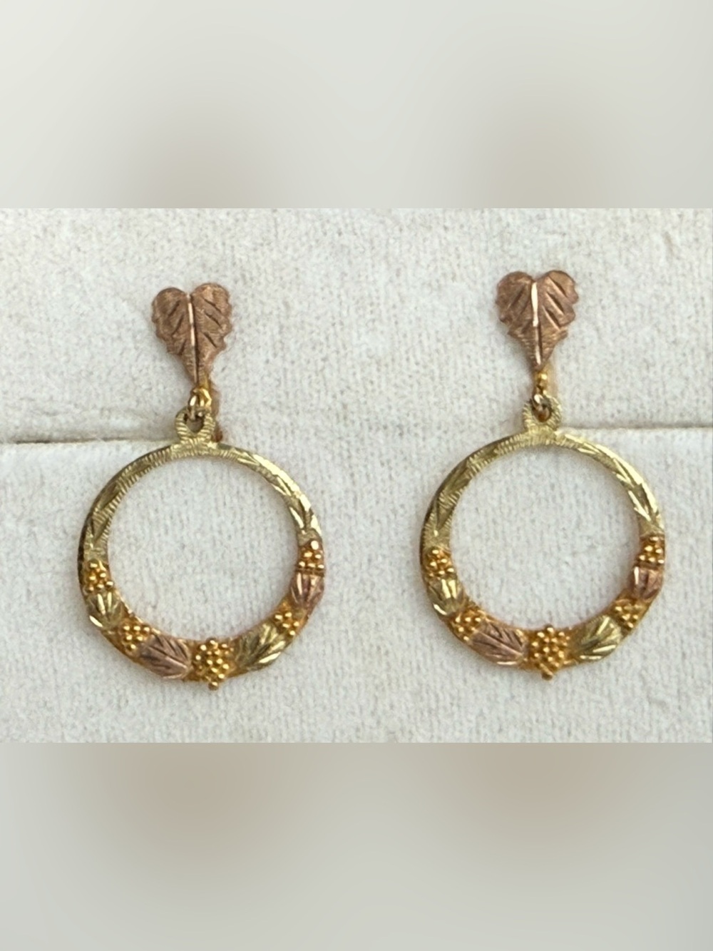 Vintage Black Hills Gold 10K 12K Tri-Color Clip-On Hoop Earrings in Original Box